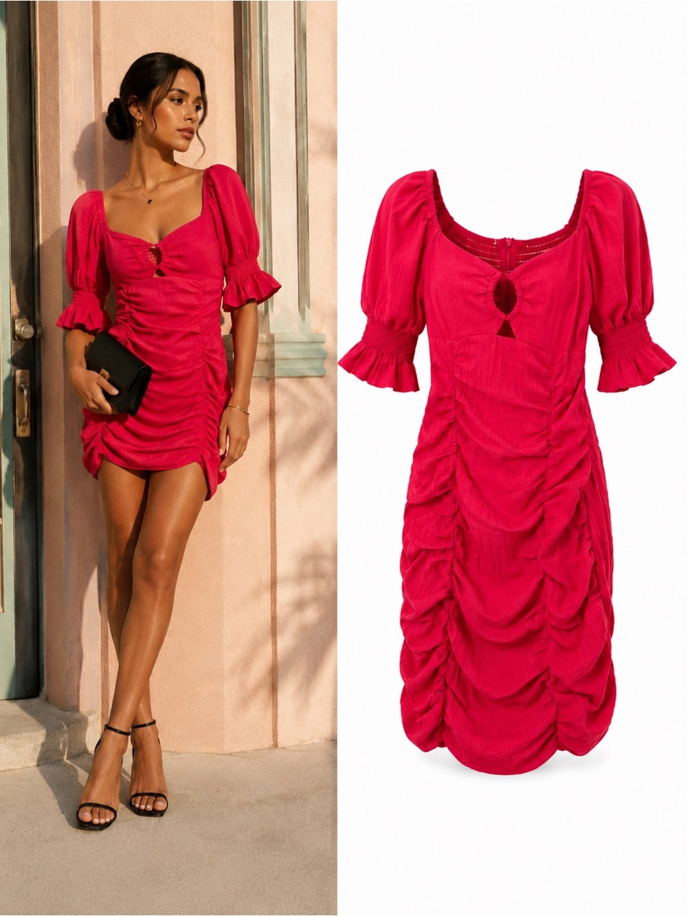 Pink Diamond Coty Ruched Puff Sleeve Mini Dress Fuchsia Red Size 6 XS NWT